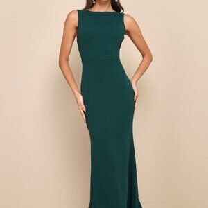 Lulus Exquisite Refinement Emerald Backless Bow Ruffled Maxi Dress Green